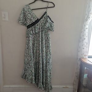 Asymmetrical lace midi dress with hook and eye embellishments, size 4, ASOS